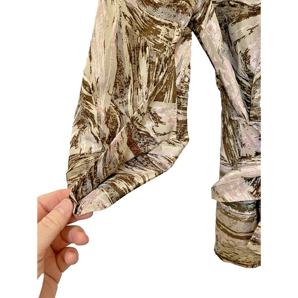 BCBG MaxAzria Silk Top Tan Watercolor Print 3/4 sleeves v-neck tieback dressy S - Picture 4 of 7